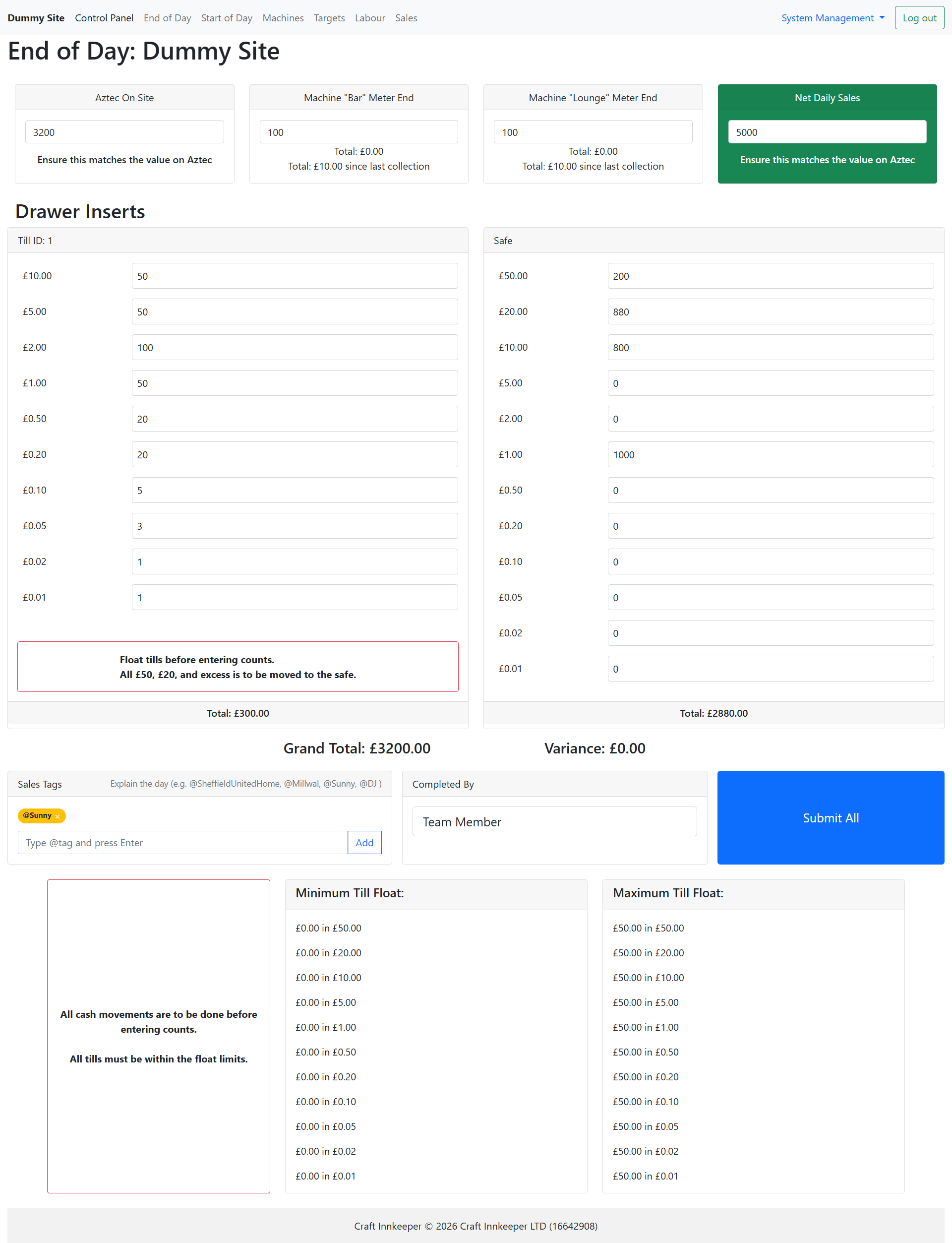 Screenshot showing the start-of-day and end-of-day cash workflow, including tills, machine figures and reconciliation steps.